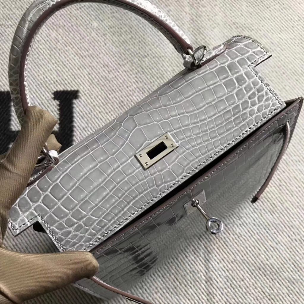 Wholesale Hermes Shiny Crocodile Minikelly-2 Clutch Bag in Gris Tourterelle Silver Hardware