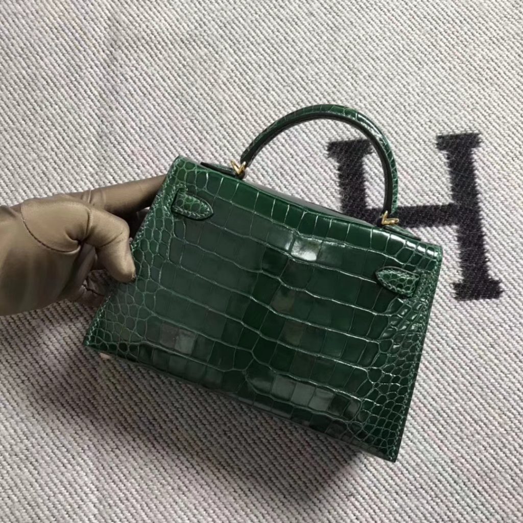 Elegant Hermes CK67 Vert Fonce Shiny Crocodile Minikelly-2 Evening Bag19CM Gold Hardware