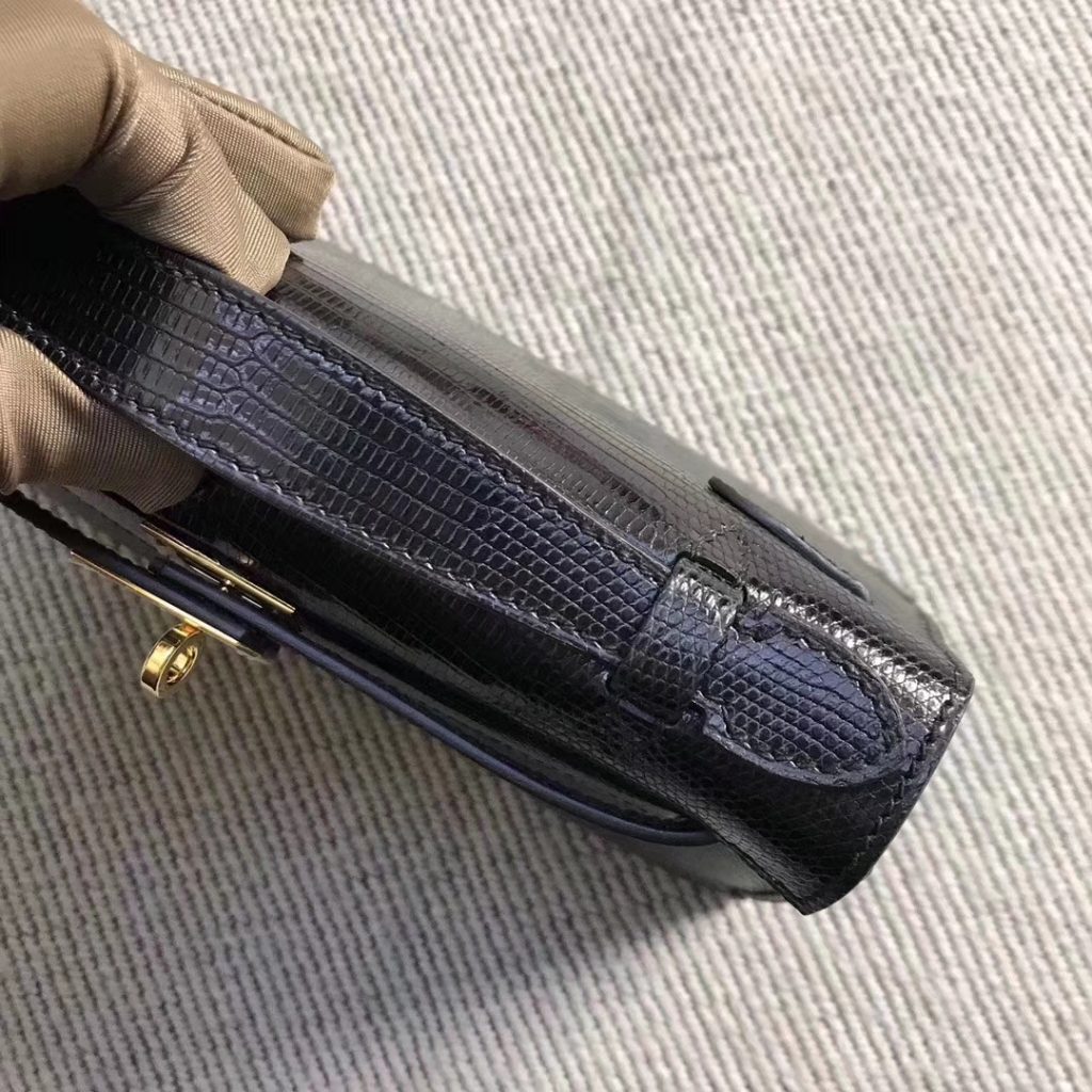 Fashion Hermes Lizard Leather Black Minikelly-2 Clutch Bag Gold Hardware
