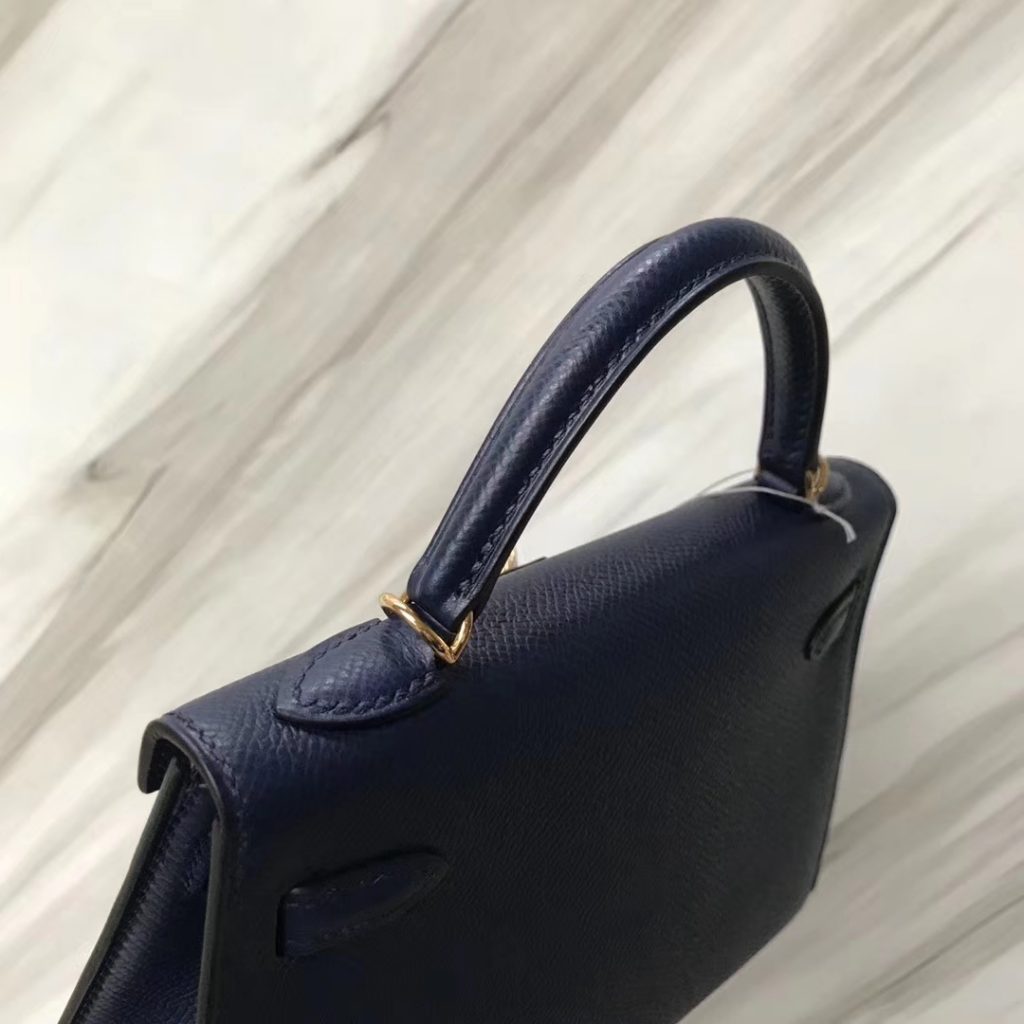 Elegant Hermes 7K Blue Saphir Epsom Calf Minikelly-2 Clutch Bag Tote Bag Gold Hardware