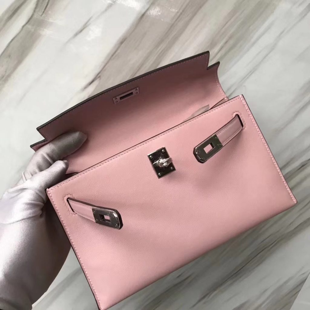 Stock Hermes 3Q Rose Confetti Swift Calf Minikelly Clutch Bag Silver Hardware