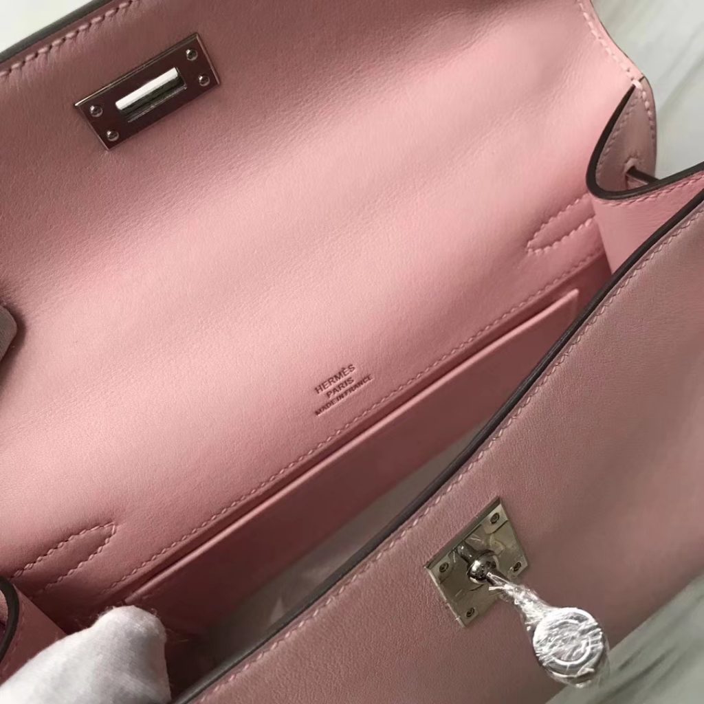 Stock Hermes 3Q Rose Confetti Swift Calf Minikelly Clutch Bag Silver Hardware