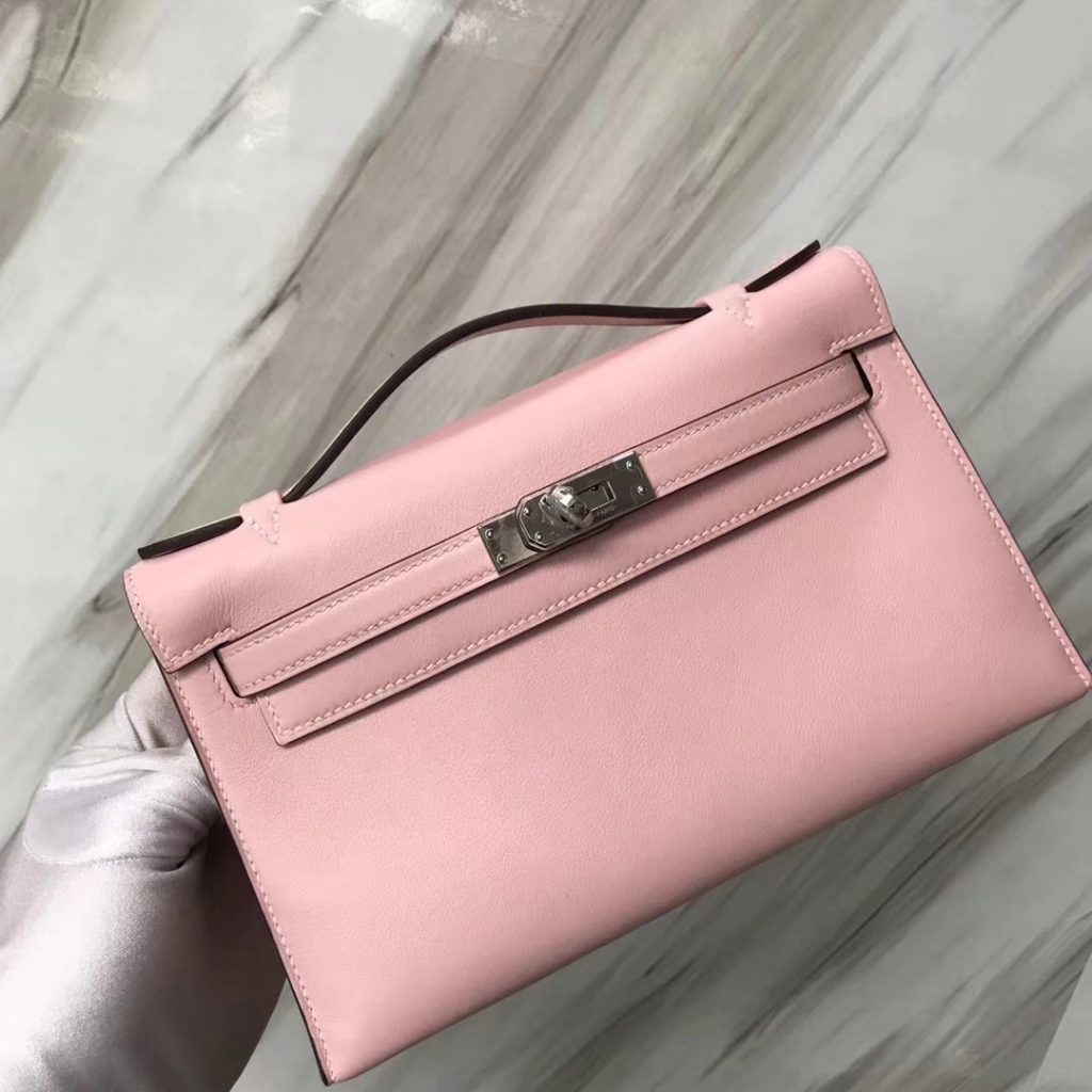 Stock Hermes 3Q Rose Confetti Swift Calf Minikelly Clutch Bag Silver Hardware