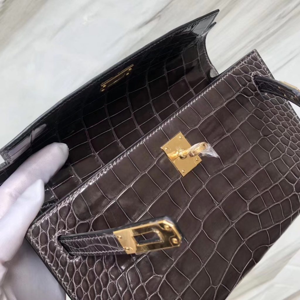Stock Hermes CK88 Graphite Grey Shiny Crocodile Leather Minikelly22CM Evening Clutch Bag Gold Hardware
