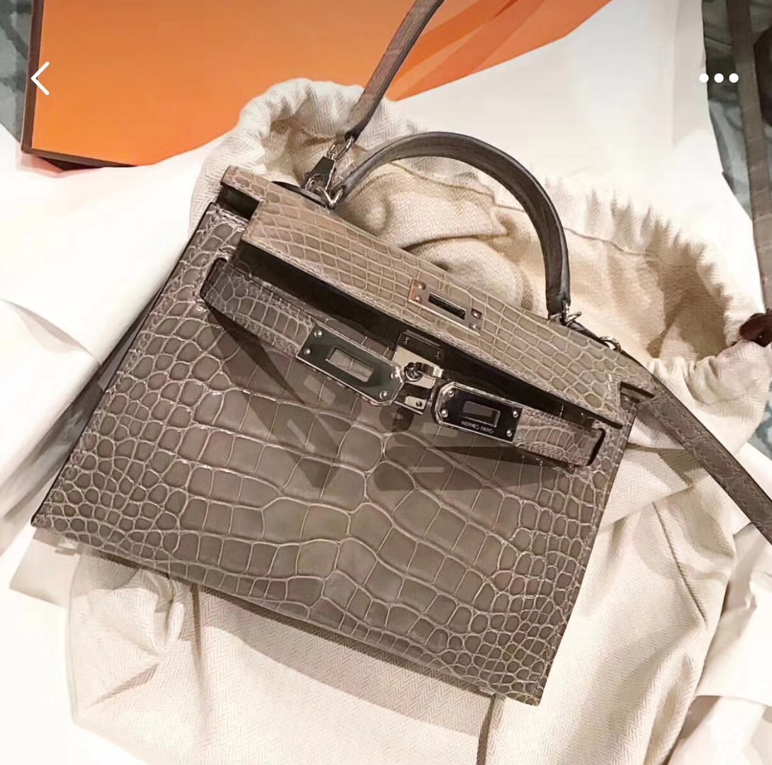 New Arrival Hermes CK81 Etoupe Grey Shiny Crocodile Leather Can Order Minikelly Bag