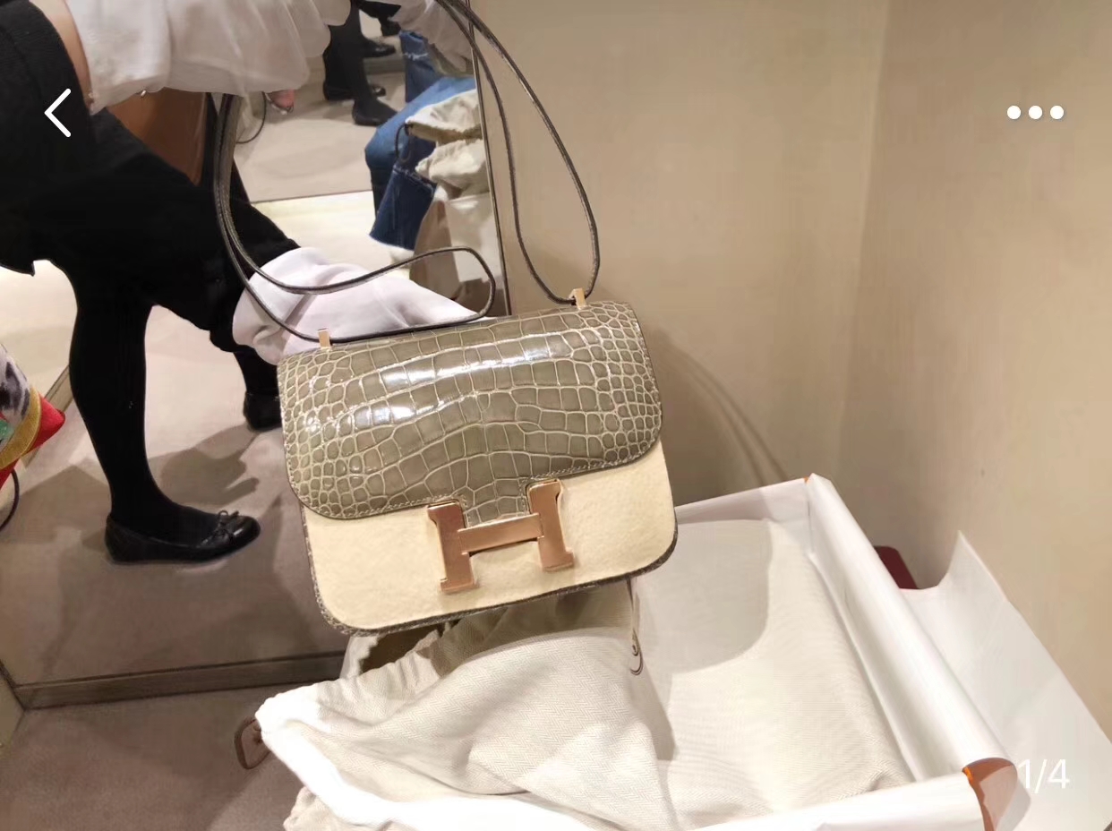 New Arrival Hermes CK81 Etoupe Grey Shiny Crocodile Leather Can Order Minikelly Bag