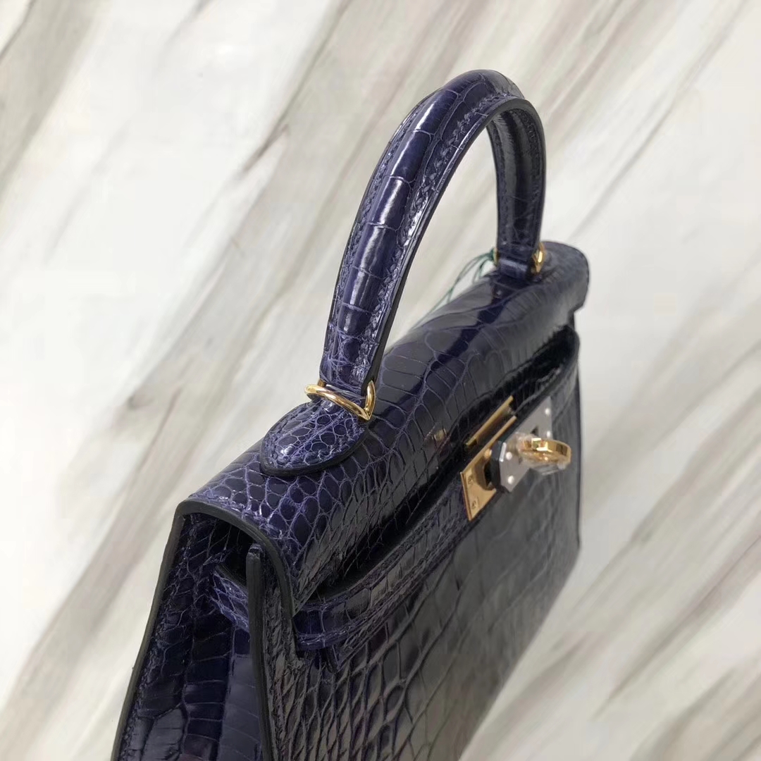Stock Luxury Hermes M3 Blue Encre Shiny Crocodile Minikelly-2 Evening Bag Gold Hardware