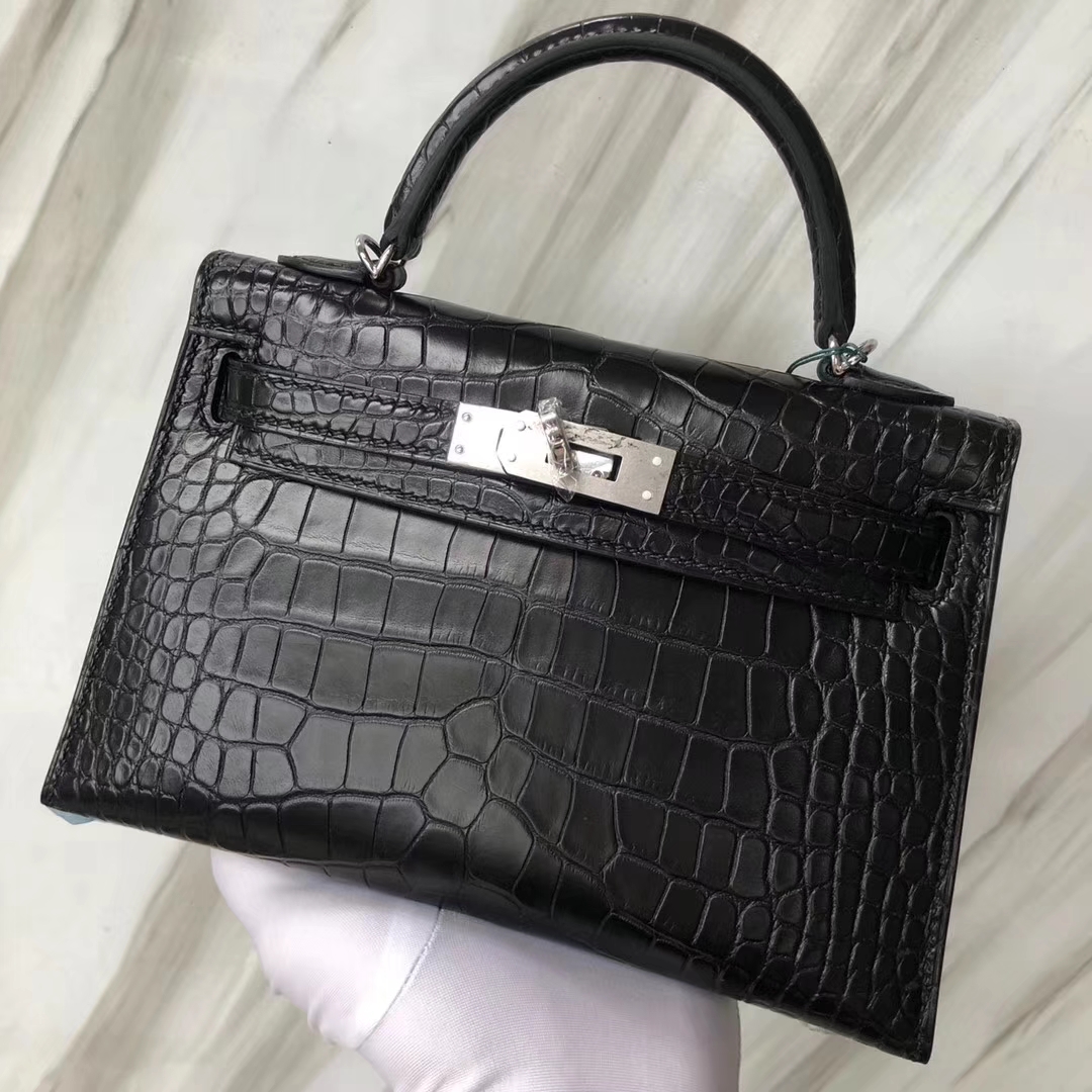 Stock Hermes Matt Crocodile Minikelly-2 Clutch Bag in CK89 Noir Silver Hardware