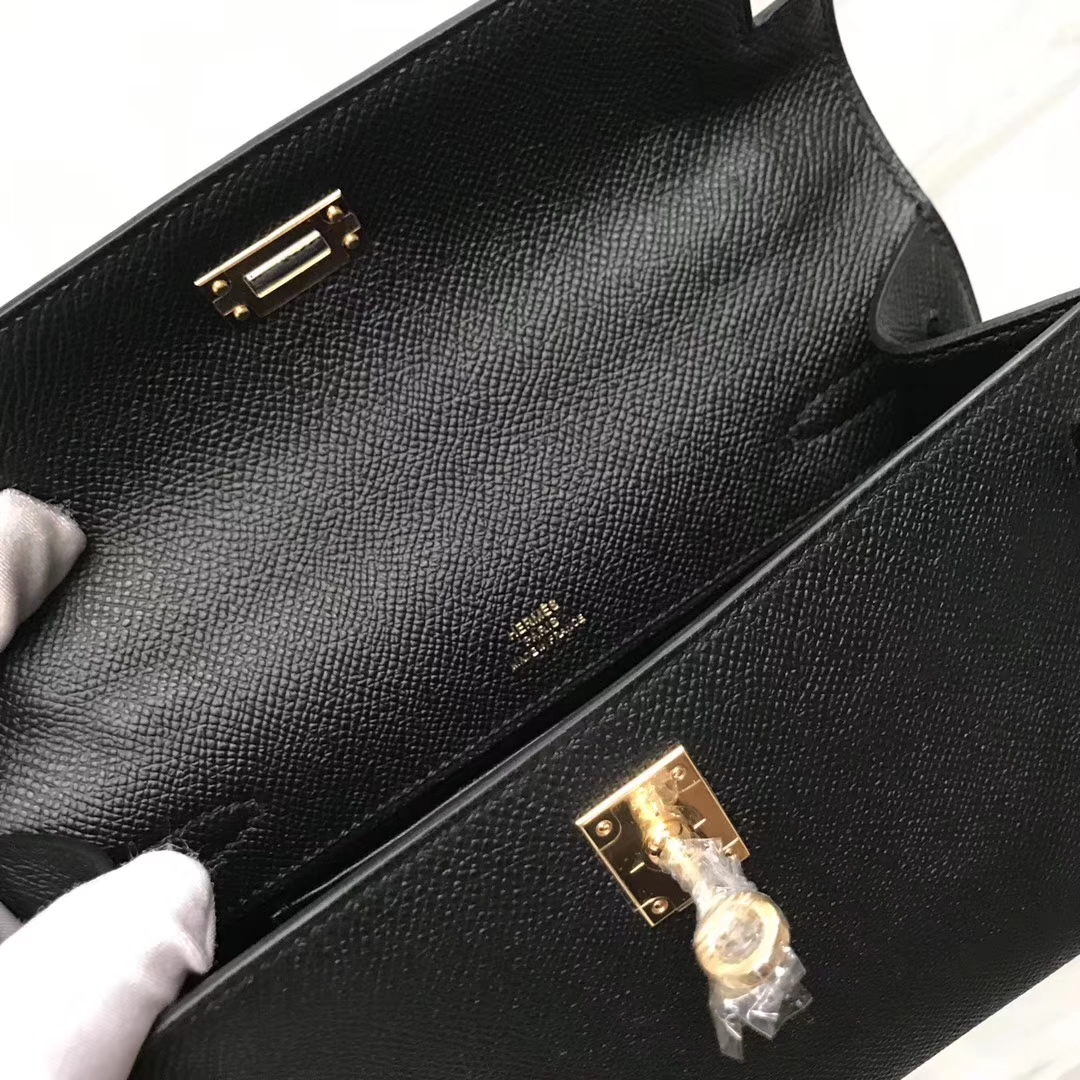 Stock Fashion Hermes Minikelly22CM Clutch Bag CK89 Noir Epsom Calf Gold Hardware