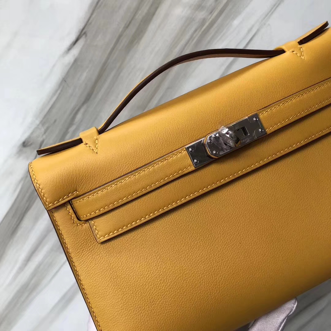 Stock Hermes Swift Calf Minikelly Pochette22CM in 9D Ambre Yellow Silver Hardware