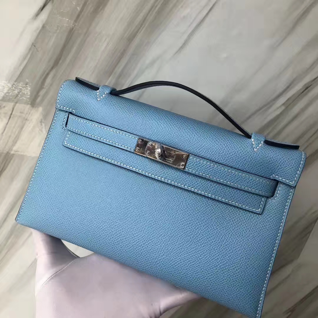 Stock Hermes 7N Blue Candy Epsom Calf Minikelly22CM Clutch Bag Silver Hardware