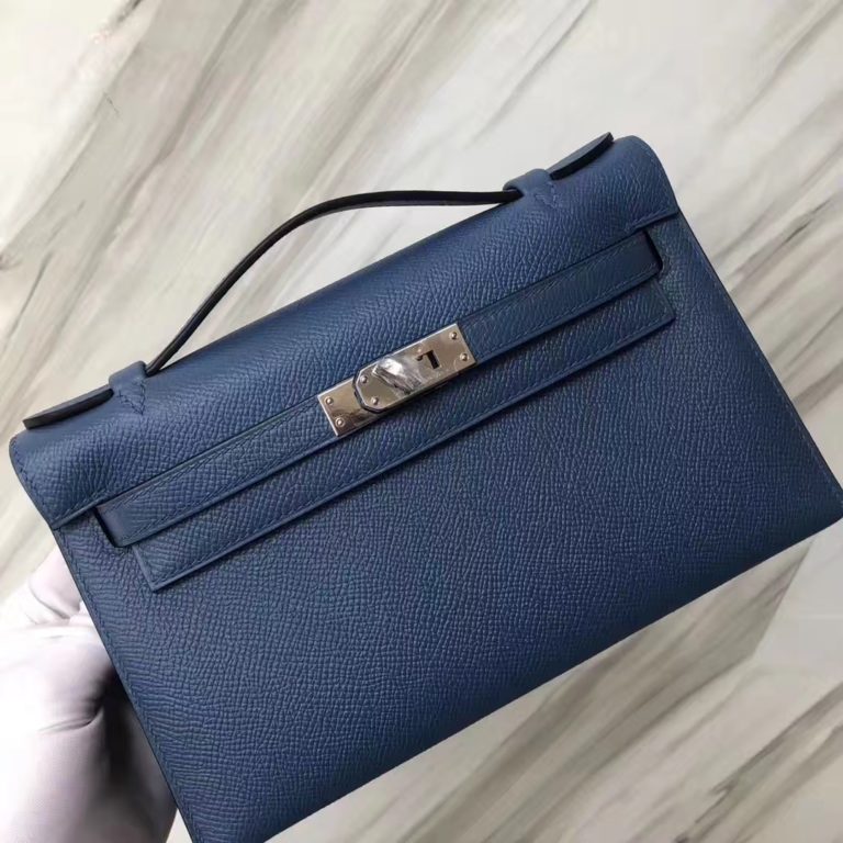 Hermes Epsom Calf Minikelly 22CM Evening Bag in 2R Blue Agate Silver Hardware