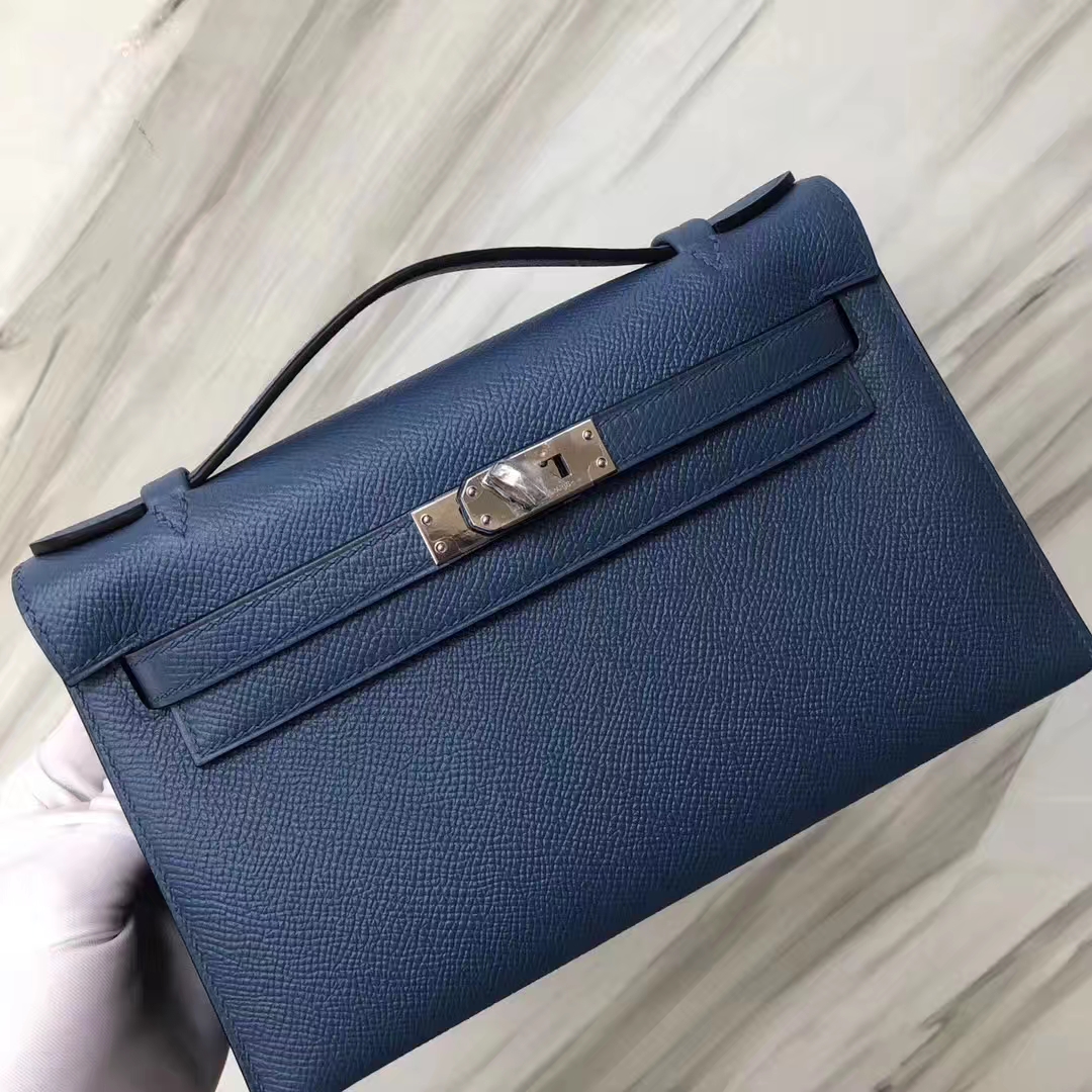 Stock Hermes Epsom Calf Minikelly22CM Evening Bag in 2R Blue Agate Silver Hardware