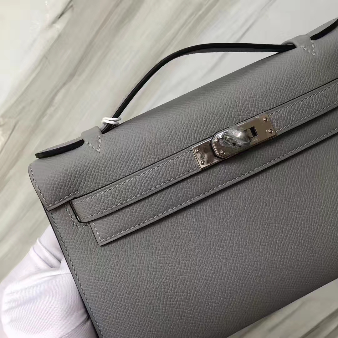 Stock Hermes 4Z Gris Mouette Epsom Calf Minikelly22CM Clutch Bag Silver Hardware