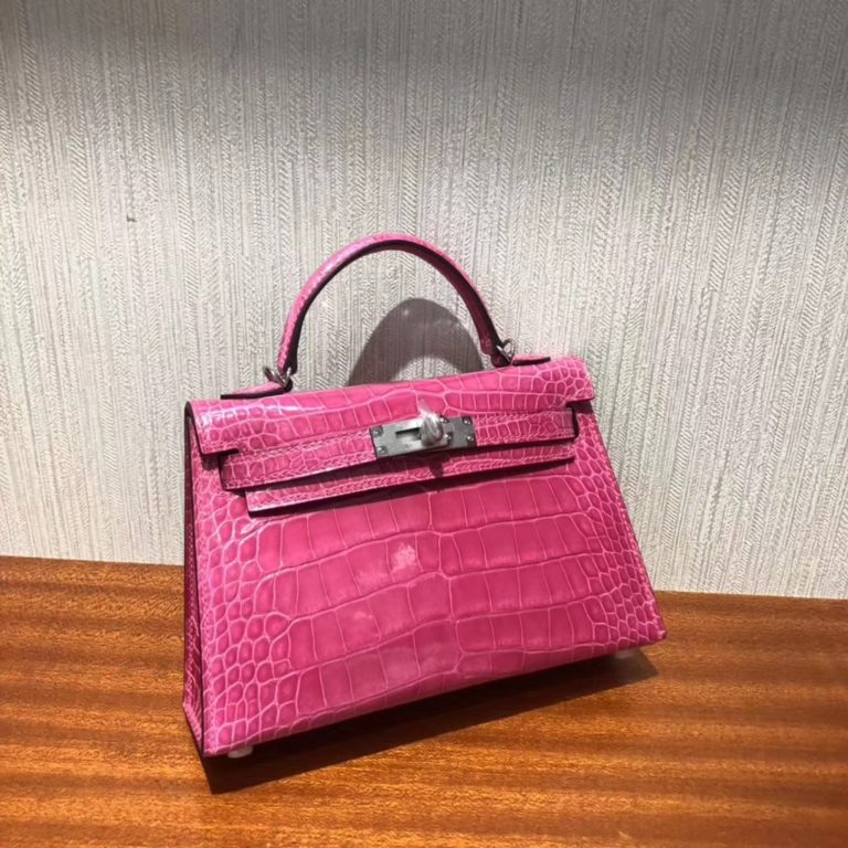 Hermes Shiny Crocodile Minikelly-2 Evening Bag in Rose Tyrien Silver Hardware