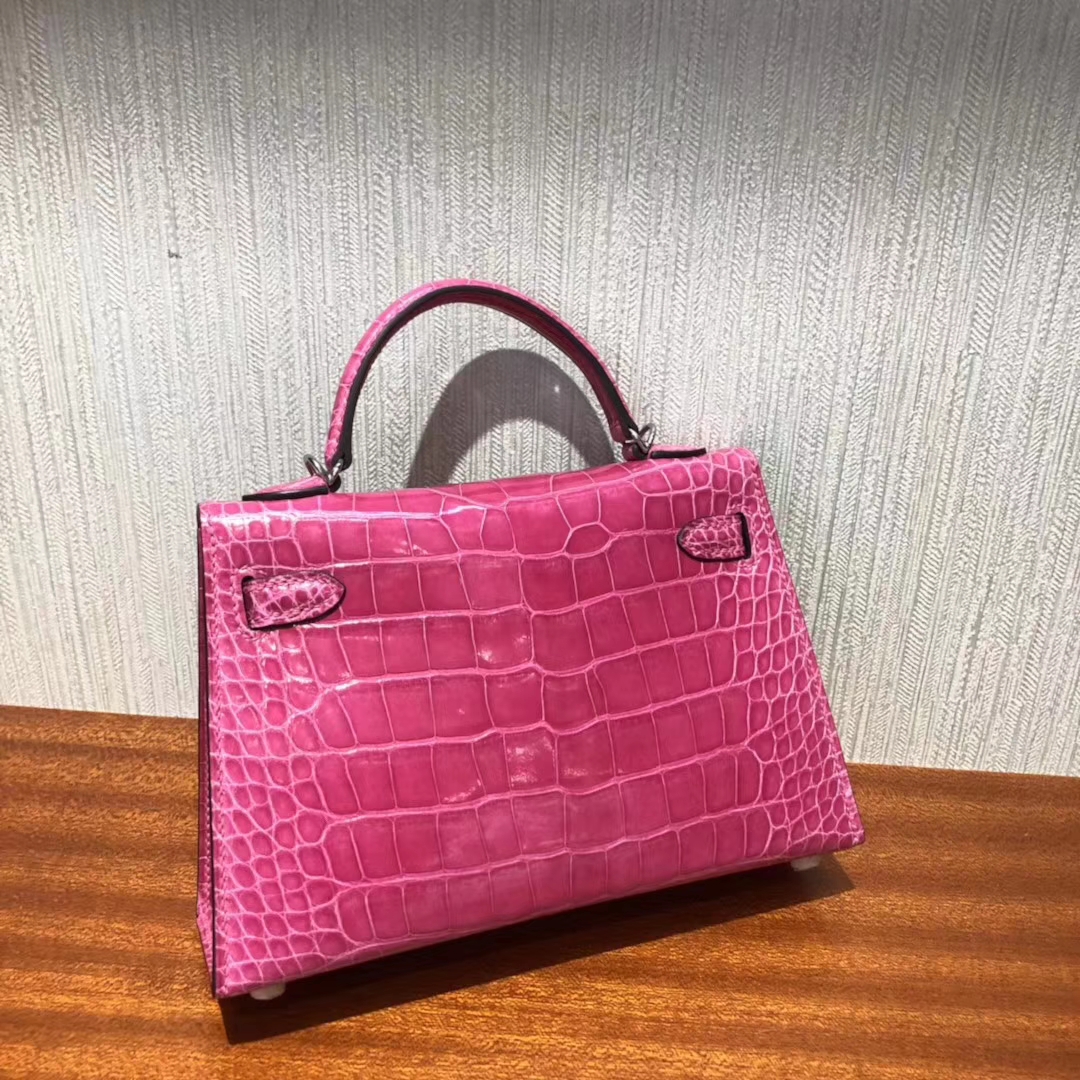 Stock Hermes Shiny Crocodile Minikelly-2 Evening Bag in Rose Tyrien Silver Hardware