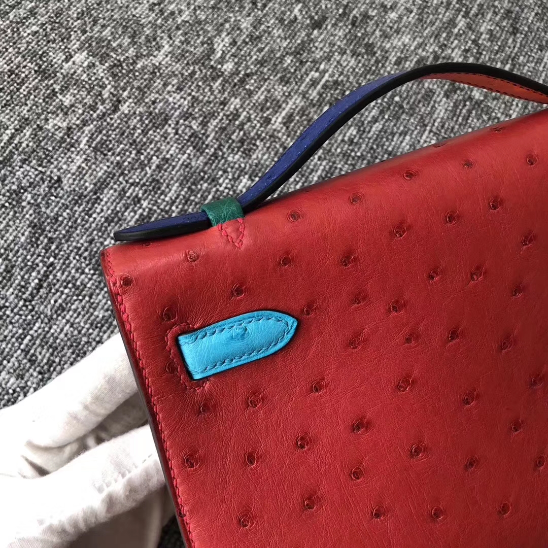 Wholesale Hermes Multi-color Ostrich Leather Minikelly Pochette 22CM Clutch Bag