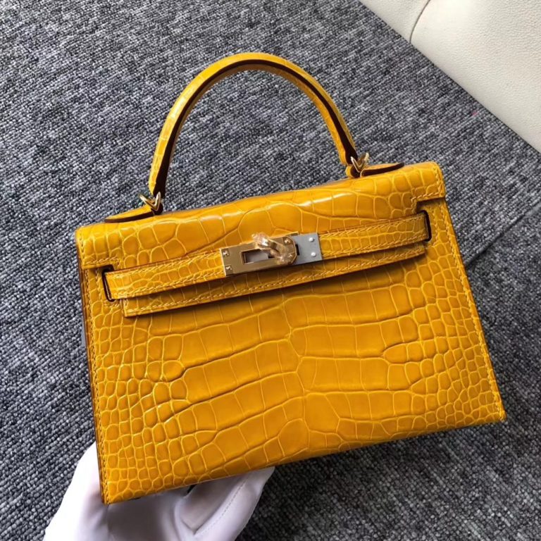 Hermes Shiny Crocodile Minikelly-2 Evening Bag in 9D Ambre Yellow Gold Hardware