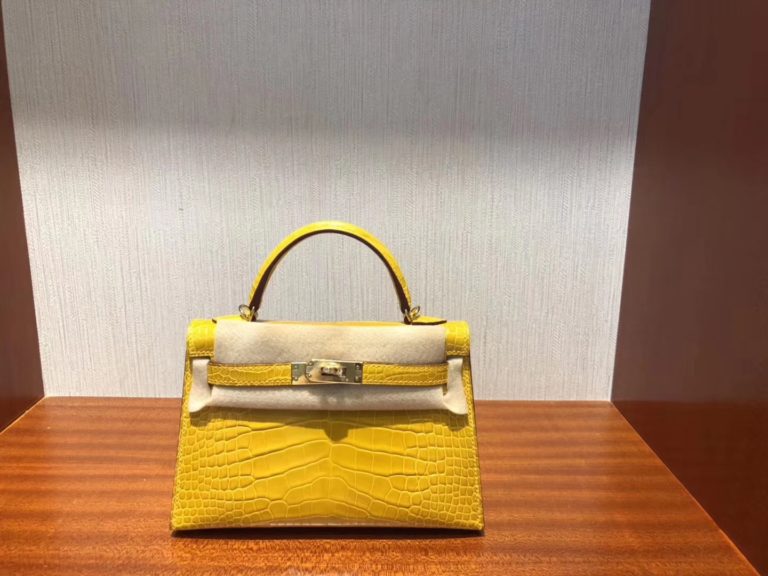 Hermes Shiny Crocodile Minikelly-2 Clutch Bag in 9D Ambre Yellow Gold Hardware
