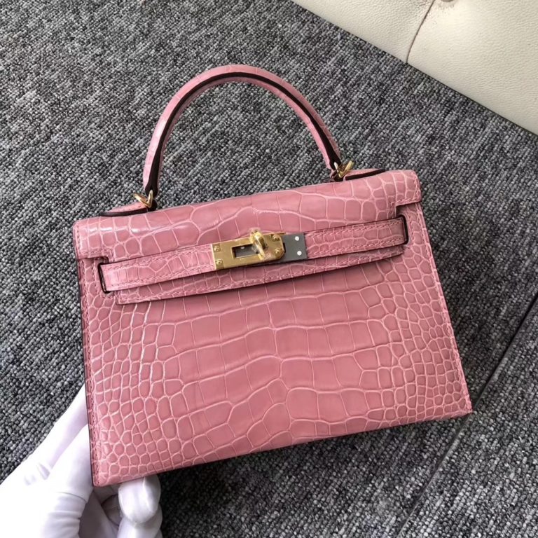 Hermes Shiny Crocodile Minikelly-2 Evening Bag in Rose Confetti Gold Hardware