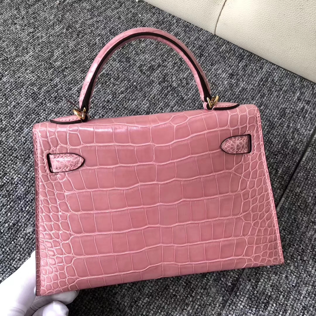 Discount Hermes Shiny Crocodile Minikelly-2 Evening Bag in Rose Confetti Gold Hardware