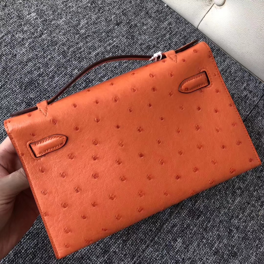 Fashion Hermes 93 Orange KK Ostrich Minikelly Pochette 22CM Silver Hardware