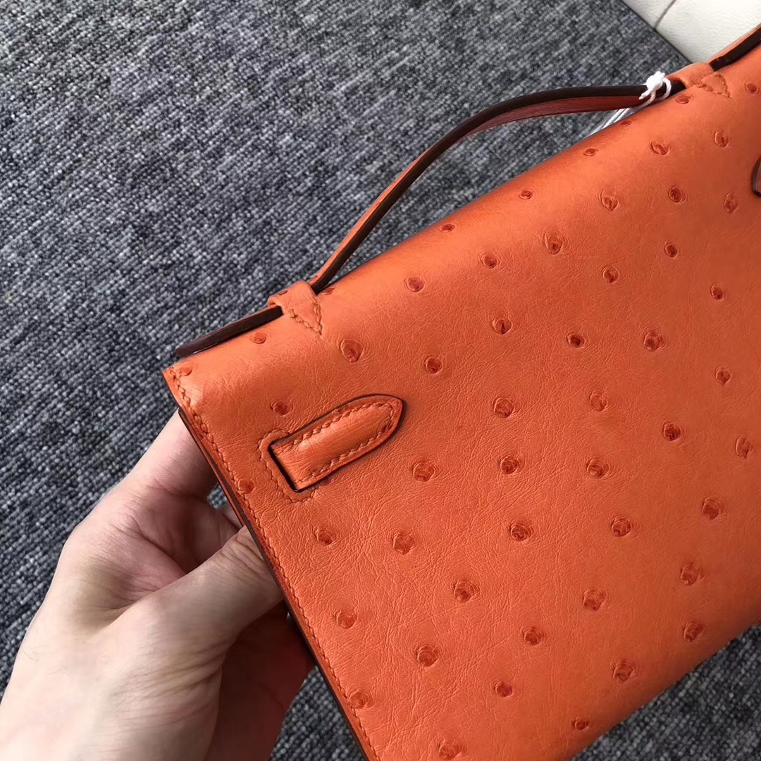 Fashion Hermes 93 Orange KK Ostrich Minikelly Pochette 22CM Silver Hardware