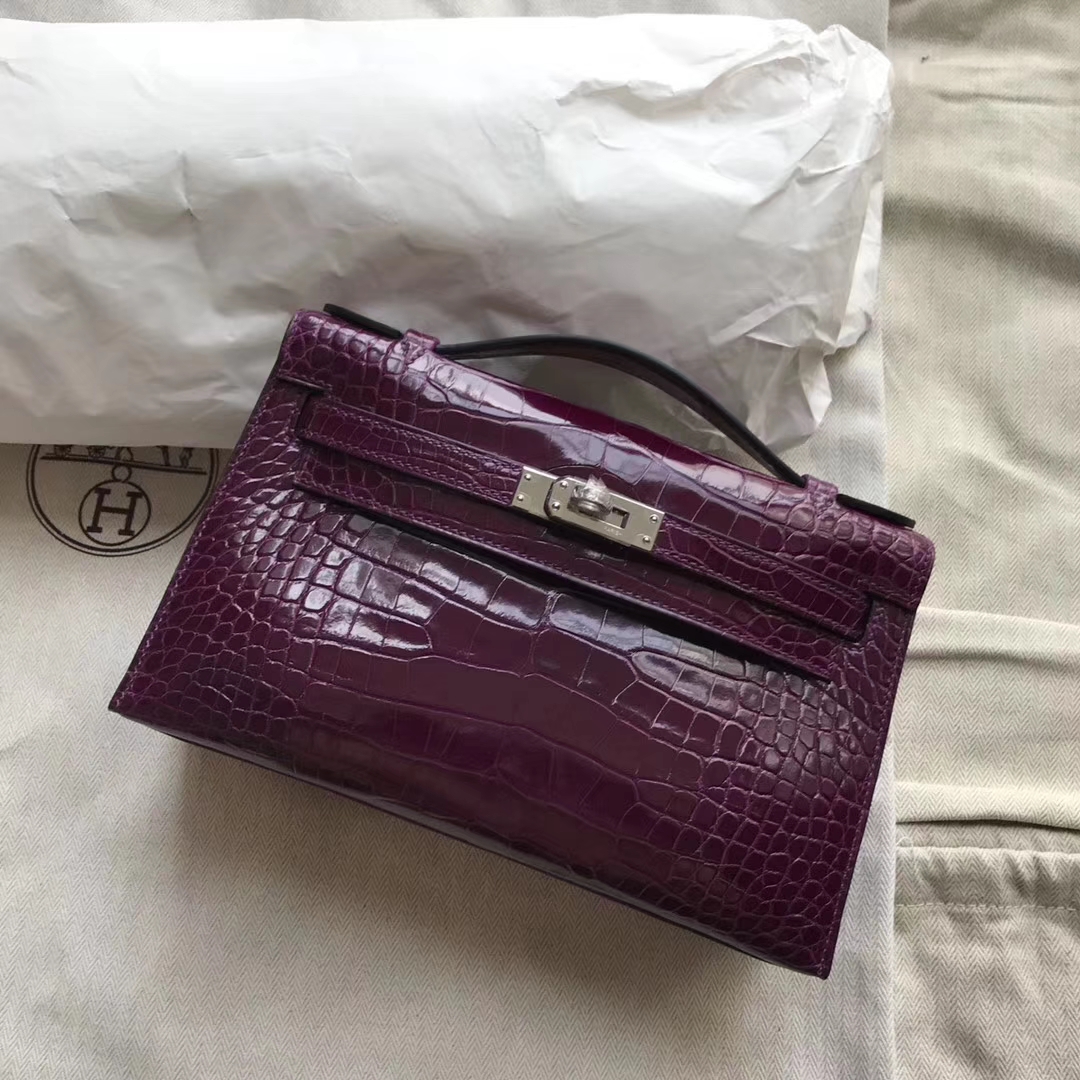 Luxury Hermes N5 Cassis Purple Shiny Crocodile Minikelly Clutch Bag22CM