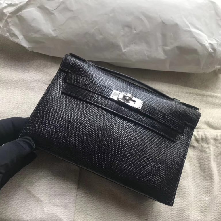 Hermes Lizard Leather Minikelly Evening Bag in CK89 Noir Silver Hardware