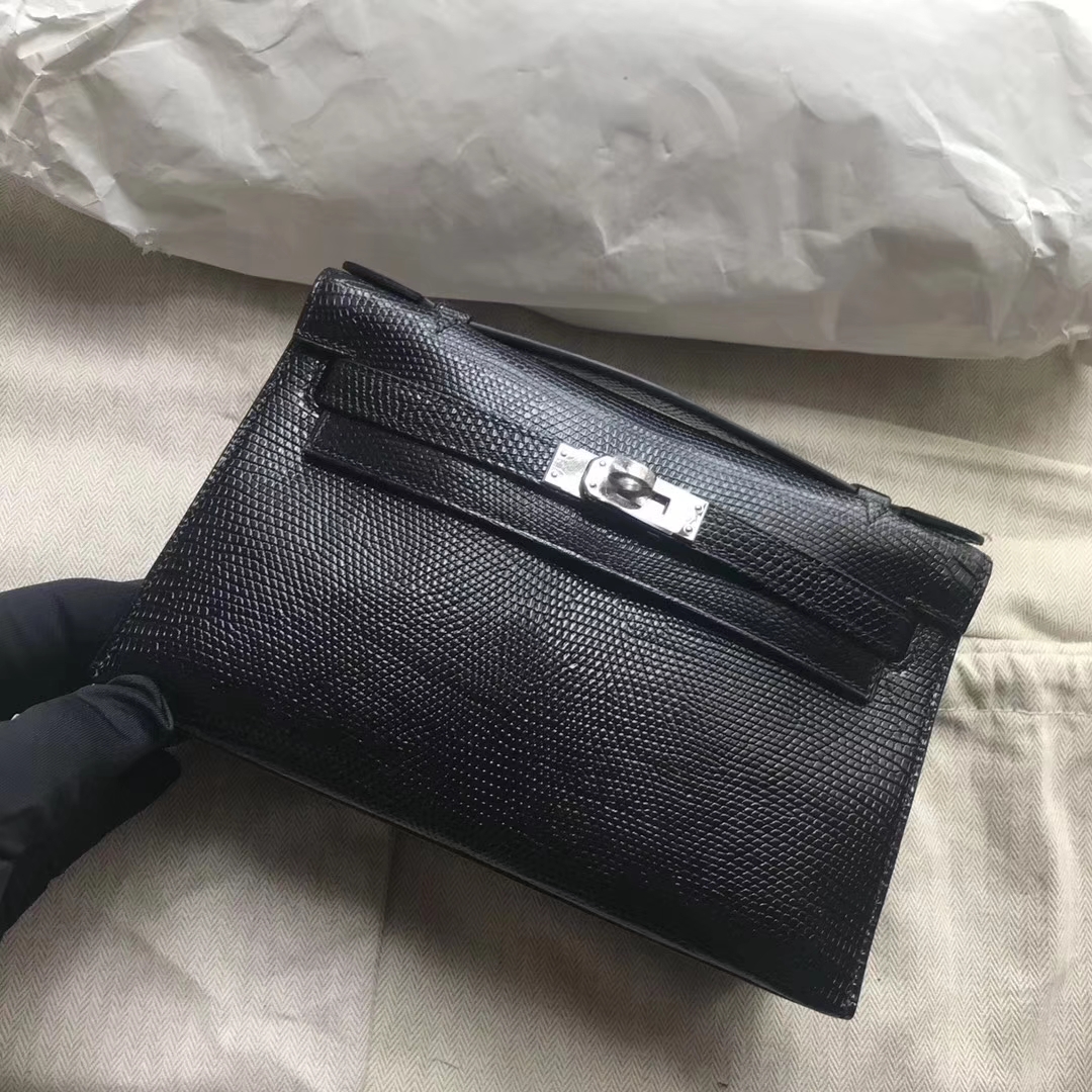 Sale Hermes Lizard Leather Minikelly Evening Bag in CK89 Noir Silver Hardware