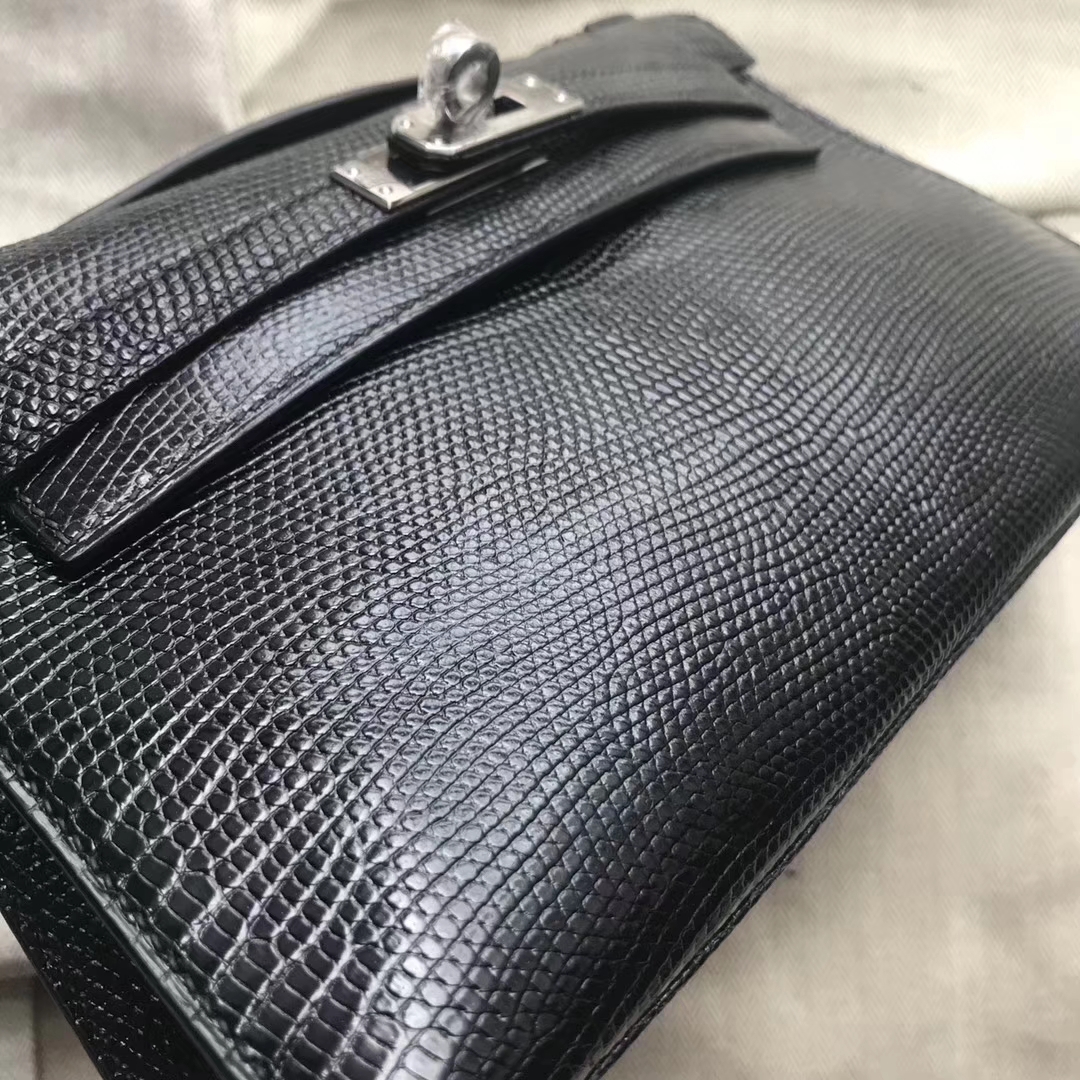 Sale Hermes Lizard Leather Minikelly Evening Bag in CK89 Noir Silver Hardware