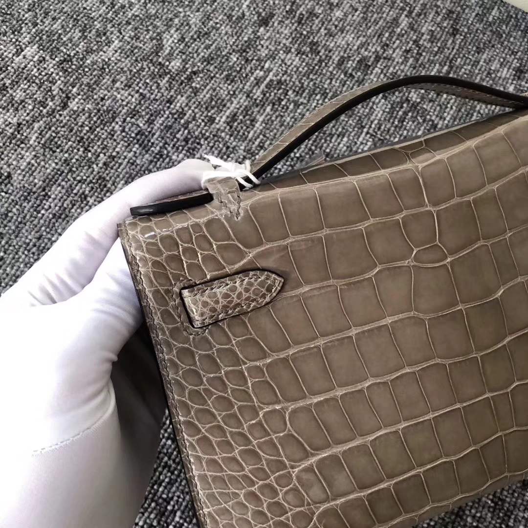 Fashion Hermes Shiny Crocodile Minikelly Clutch Bag in CK81 Gris Tourterelle