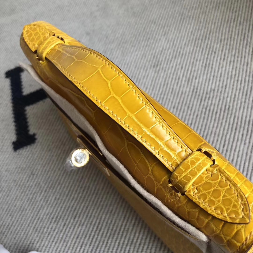 New Hermes 9D Amber Yellow Shiny Crocodile Minikelly22CM Bag Gold Hardware