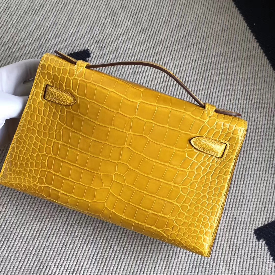 New Hermes 9D Amber Yellow Shiny Crocodile Minikelly22CM Bag Gold Hardware