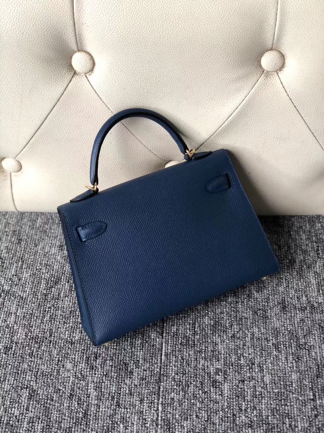 Stock Hermes 1P Blue Colvert Epsom Calf Minikelly-2 Evening Bag Gold Hardware