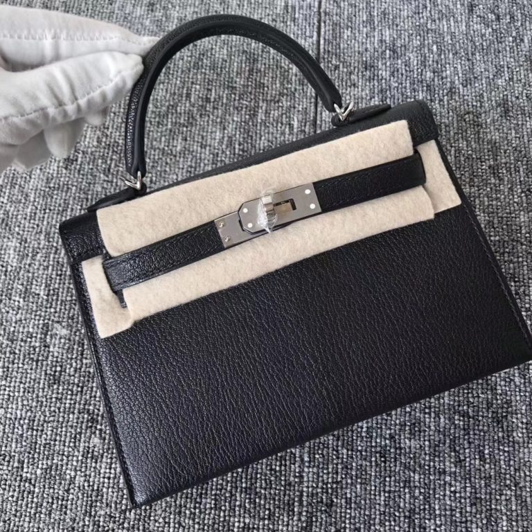 Hermes CK89 Noir Chevre Leather Minikelly-2 Evening Bag Silver Hardware
