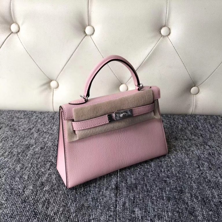 Hermes 3Q Pink Chevre Leather Minikelly-2 Clutch Bag Silver Hardware