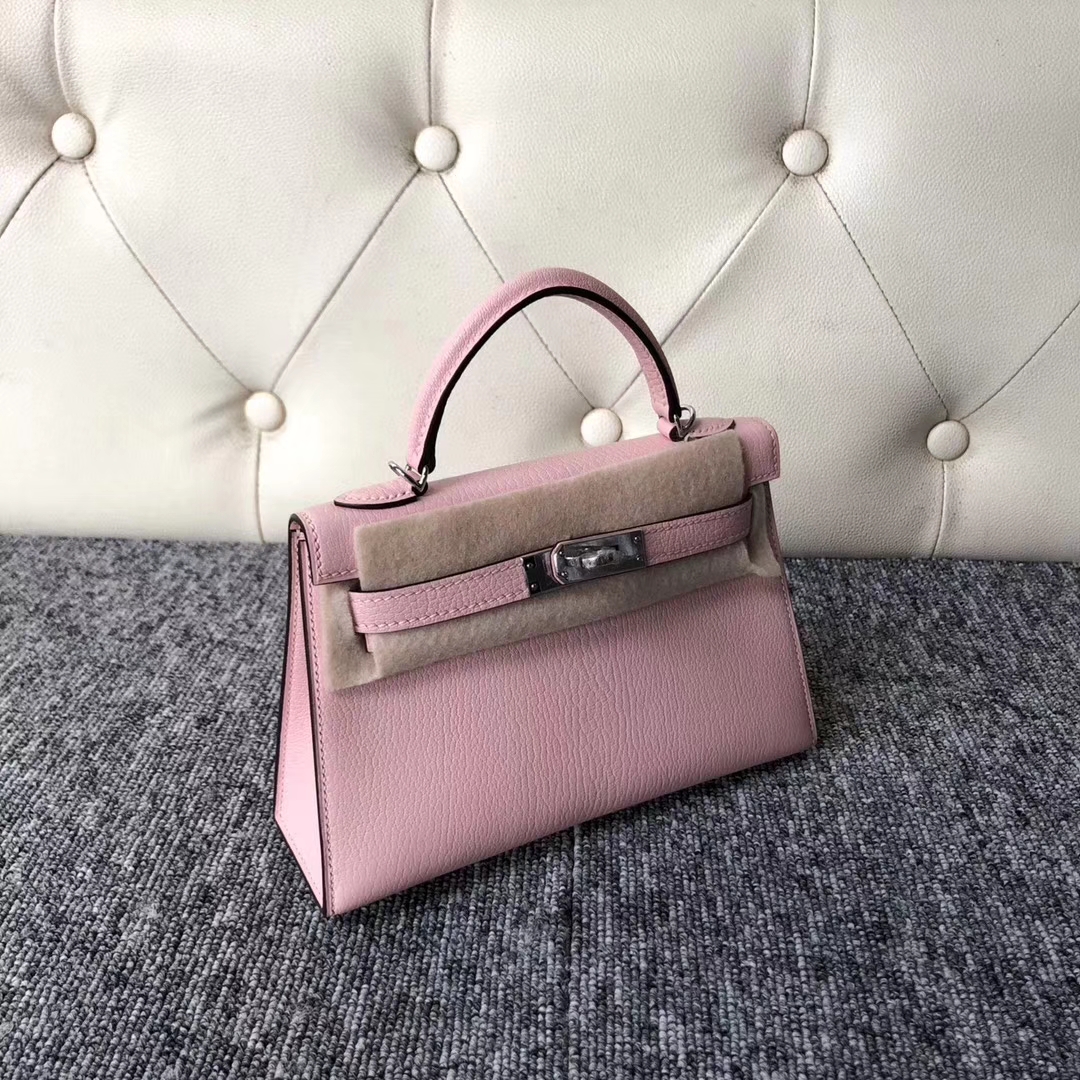 Stock Hermes 3Q New Pink Chevre Leather Minikelly-2 Clutch Bag Silver Hardware