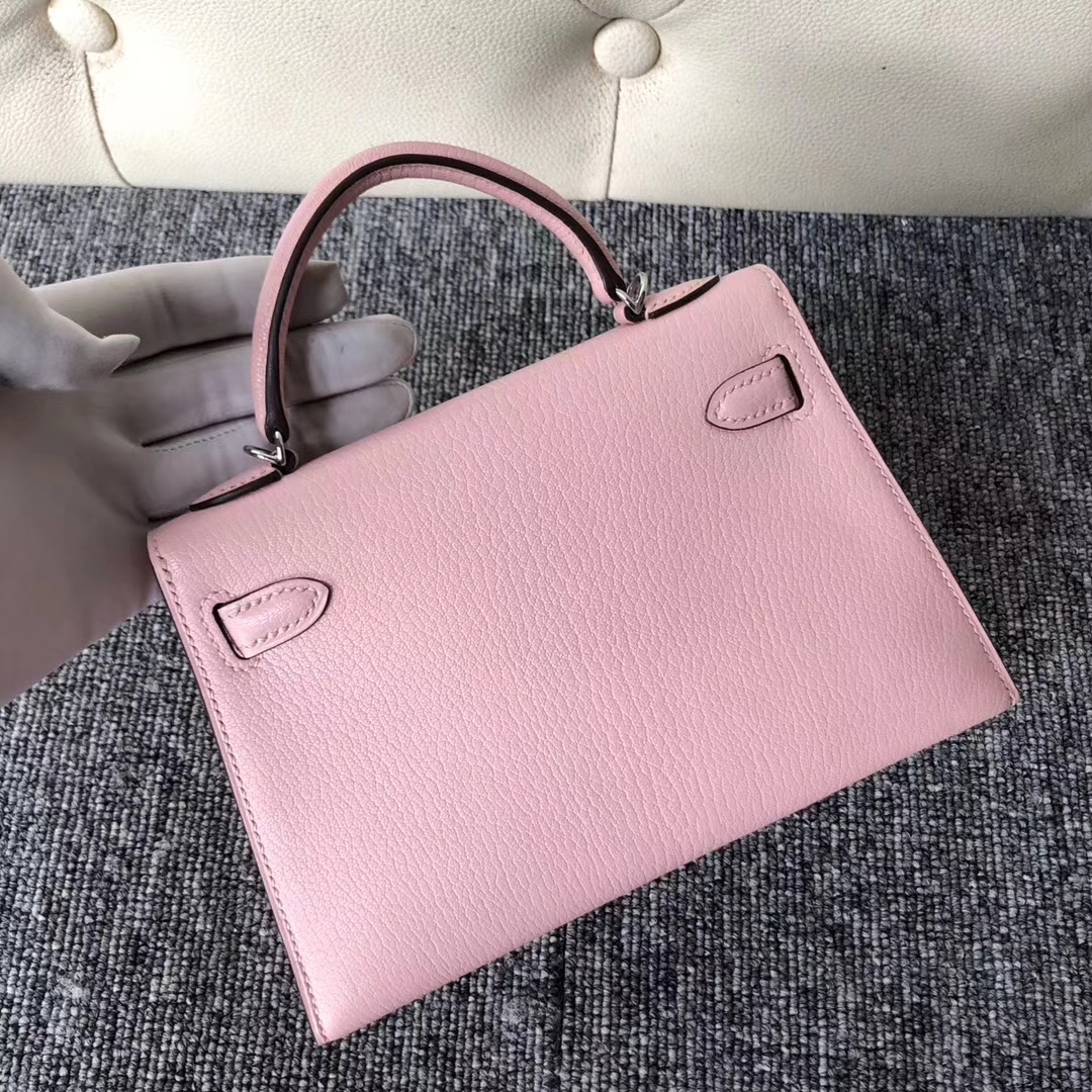 Stock Hermes 3Q New Pink Chevre Leather Minikelly-2 Clutch Bag Silver Hardware