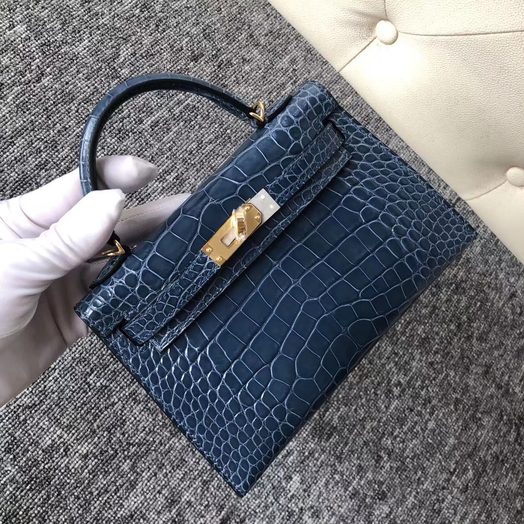 Fashion Hermes 1P Blue Colvert Shiny Crocodile Minikelly-2 Clutch Bag Gold Hardware