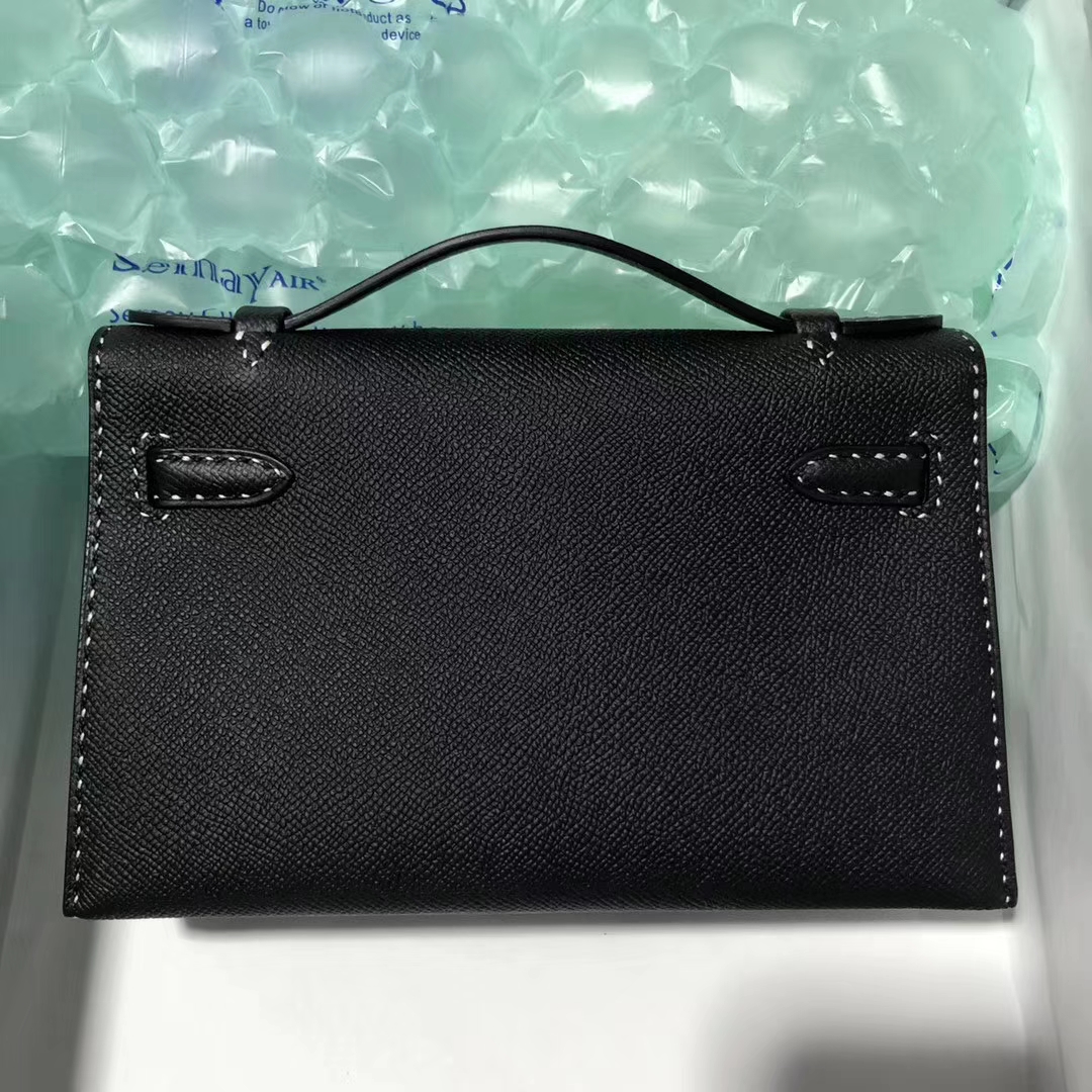 Stock Hermes CK89 Black Epsom Minikelly22cm Clutch Bag Black&#038;White Line