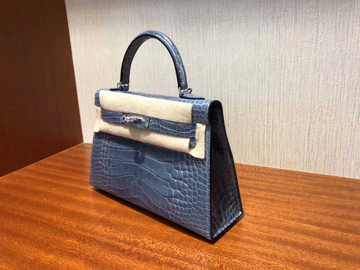 Luxury Hermes CK75 Blue Jean Shiny Crocodile Minikelly-2 Evening Bag Silver Hardware