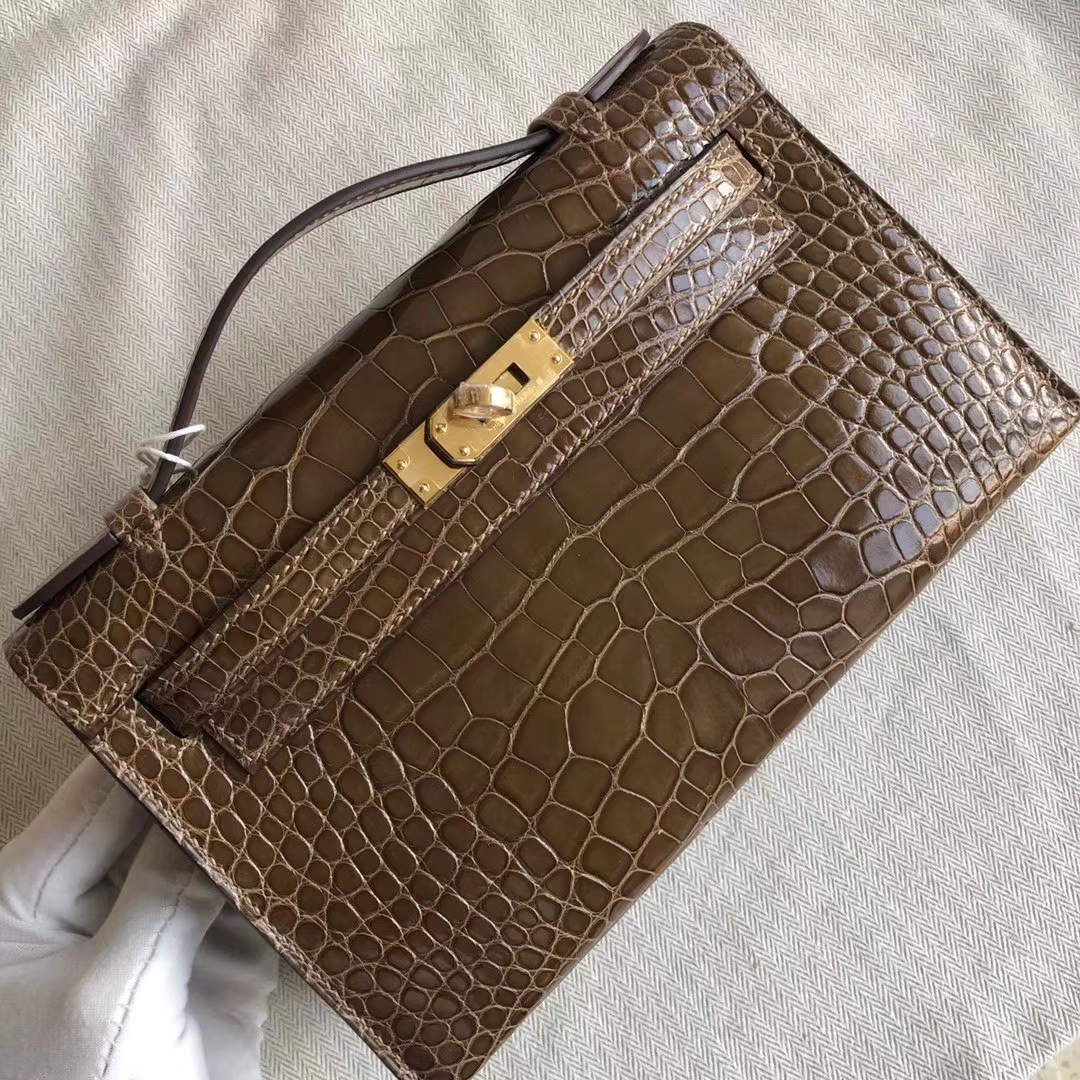 Customize Hermes 4B Biscuit Color Shiny Crocodile Minikelly22cm Clutch Bag