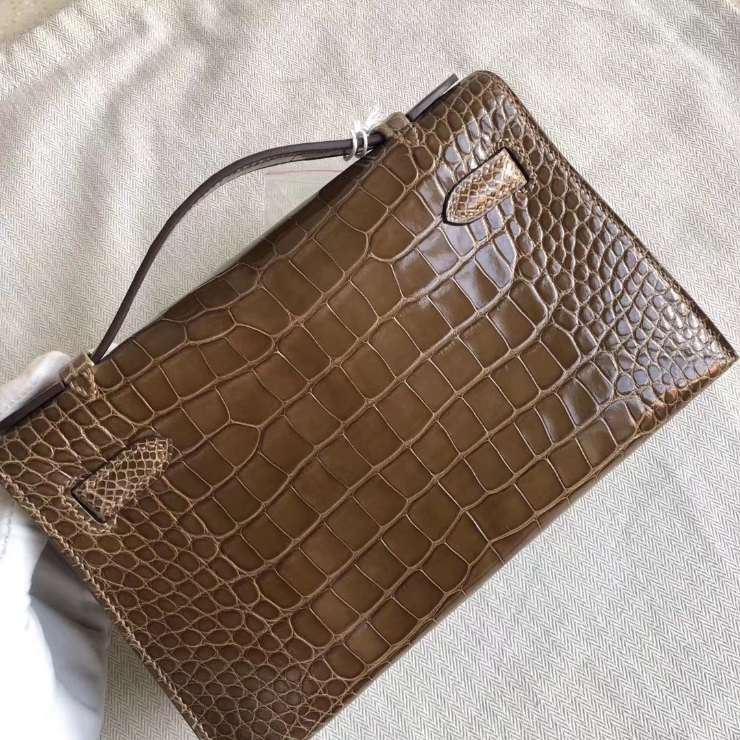 Customize Hermes 4B Biscuit Color Shiny Crocodile Minikelly22cm Clutch Bag
