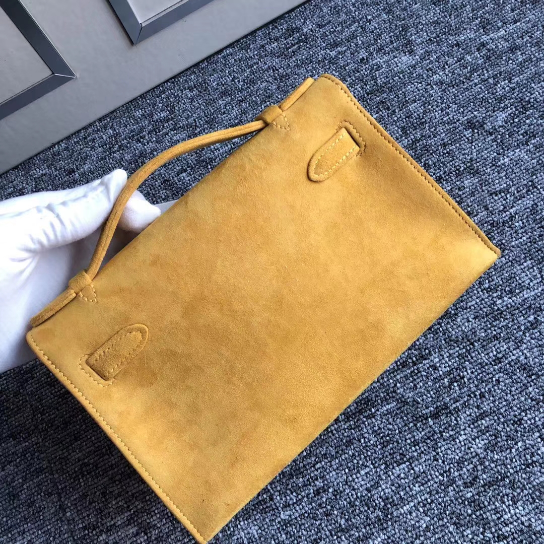 Stock New Hermes 9D Ambre Yellow Doblis Suede Minikelly Clutch Bag22CM Gold Hardware