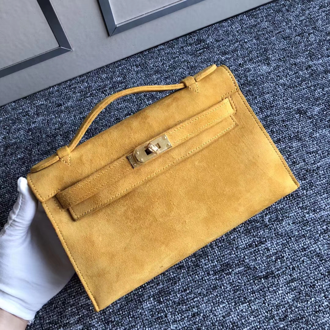 Stock New Hermes 9D Ambre Yellow Doblis Suede Minikelly Clutch Bag22CM Gold Hardware