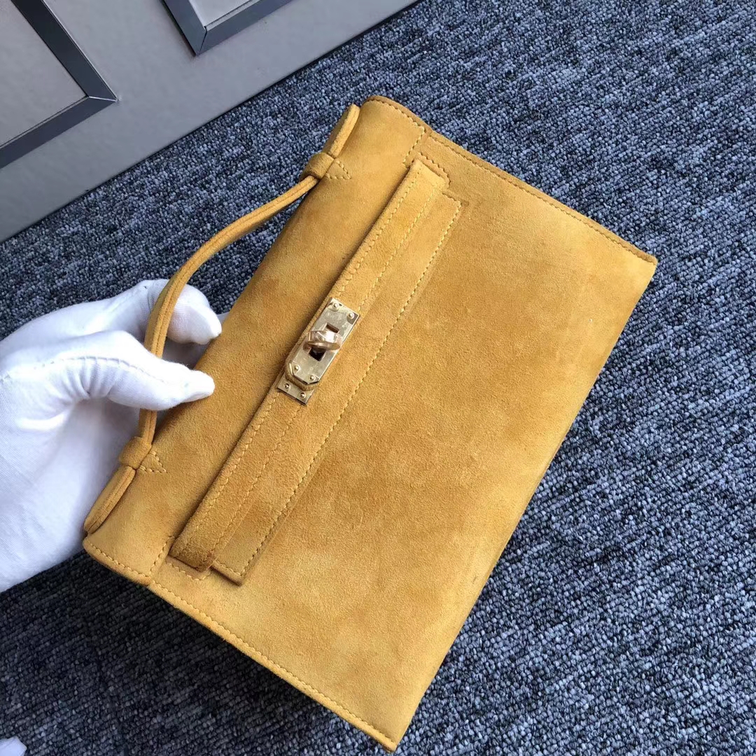 Stock New Hermes 9D Ambre Yellow Doblis Suede Minikelly Clutch Bag22CM Gold Hardware