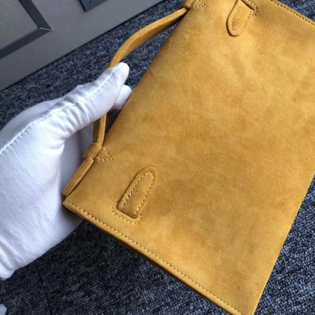 Stock New Hermes 9D Ambre Yellow Doblis Suede Minikelly Clutch Bag22CM Gold Hardware