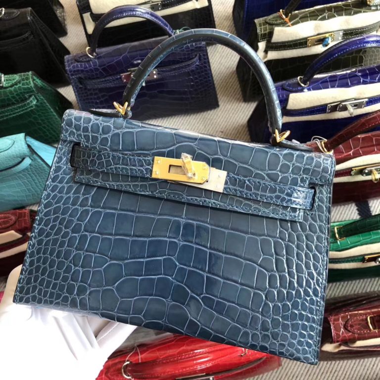 Hermes N7 Blue Tempete Shiny Crocodile Minikelly-2 Gold Hardware