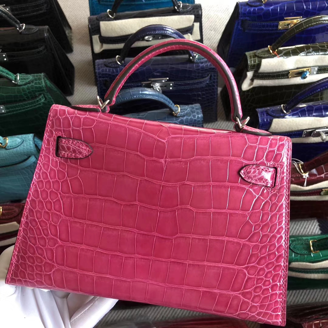Stock Hermes Shiny Crocodile Minikelly-2 Evening Bag in 5J Rose Peach Silver Hardware